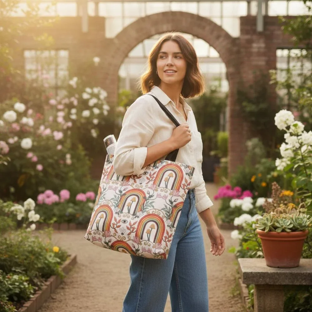 Boho Mushroom Rainbow Tote Bag Cottagecore Eye Print Psychedelic Shoulder Bag - Picture 5 of 5